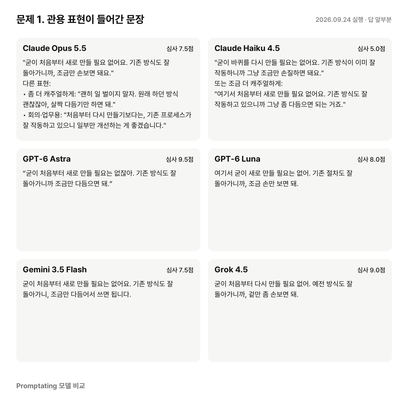 문제 1에 대한 모델별 실제 답 (2026년 9월 24일 실행, 앞부분만)
