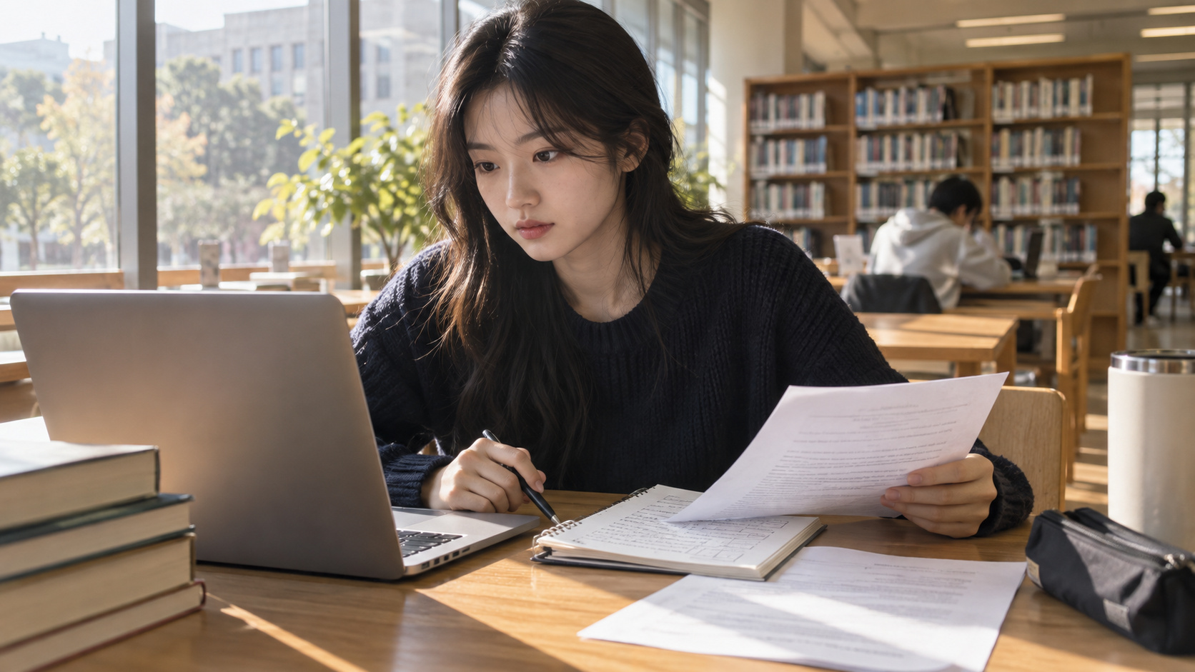 대학 도서관 책상에서 평범한 학생이 노트북의 과제 안내 화면을 살펴보며 옆에 펼친 자신의 초안과 AI 사용 내역 메모를 대조하는 장면.