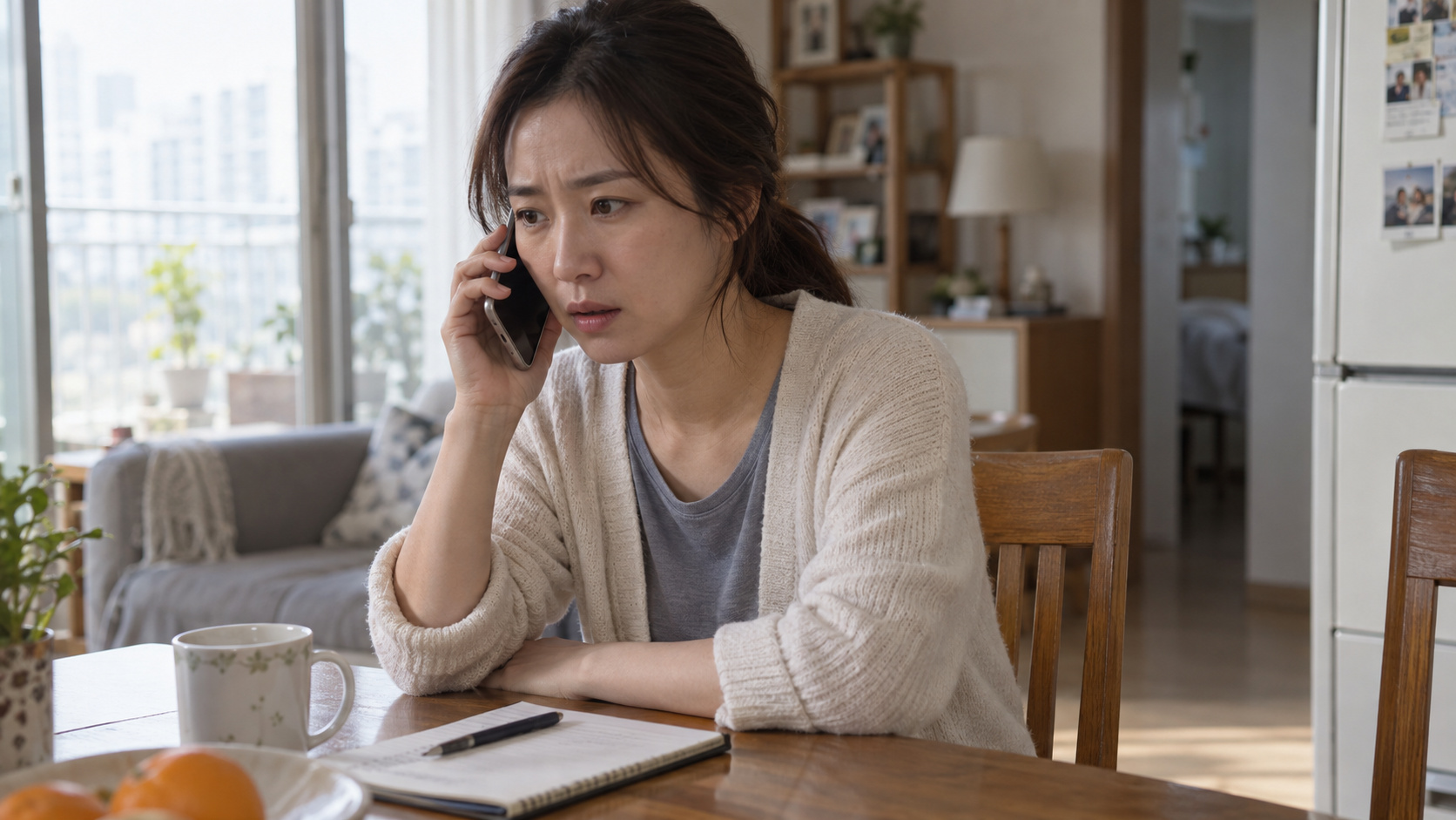 집 거실 식탁에 앉은 평범한 한국인 여성이 돈을 요구하는 전화를 받은 뒤, 휴대전화의 연락처 목록에서 평소 저장해 둔 가족 번호를 찾아 직접 다시 거는 장면.