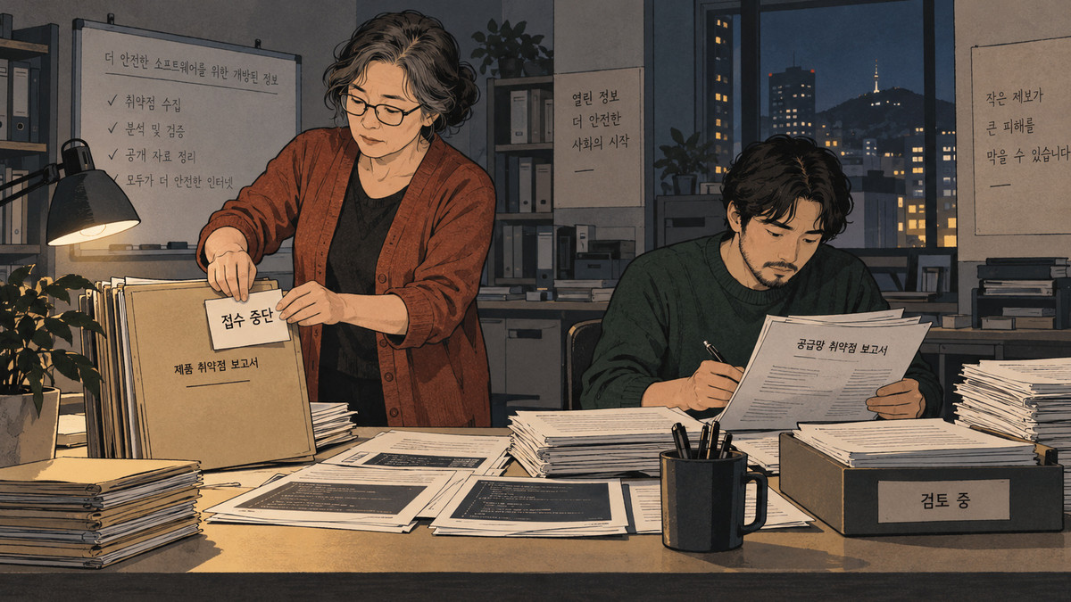 늦은 저녁 보안 분석실에서 50대 여성 오픈소스 보안 연구자가 새 제품 취약점 제보 서류에 접수 중단 안내문을 붙이고, 옆의 30대 남성 동료는 공급망 취약점 제보 서류를 계속 검토하는 장면.