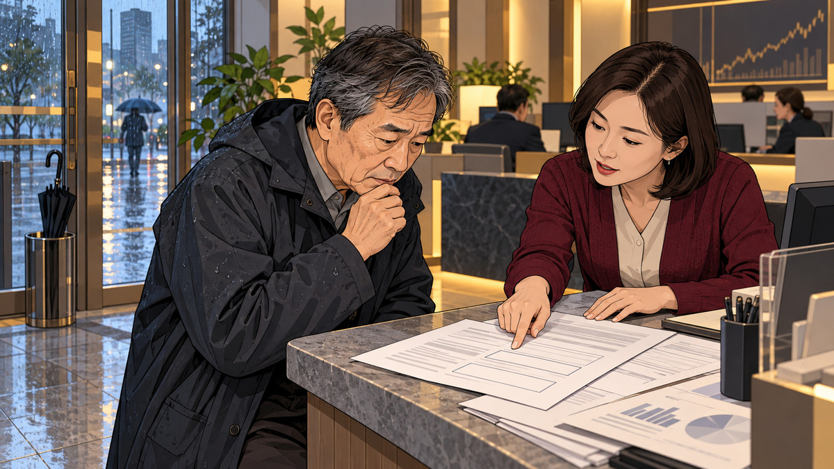 비가 그친 늦은 오후 증권사 지점 상담 창구에서 가상의 60대 남성 투자자가 공모가와 매수 일정 칸이 비어 있는 상장 신고서 인쇄물을 살펴보고, 40대 여성 상담원이 그 빈칸을 손가락으로 가리키는 장면.