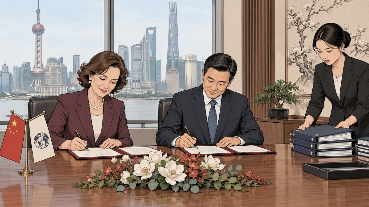 상하이의 기업 회의실에서 가상의 50대 여성 투자 담당자와 40대 남성 AI 기업 임원이 대규모 투자 약정서에 서명하고, 옆의 30대 여성 재무 담당자가 상장 준비 서류철을 정리하는 장면.