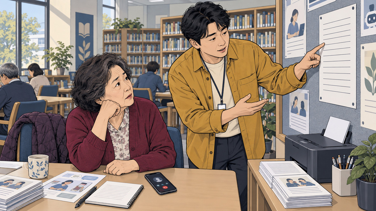 동네 도서관 AI 교육실에서 가상의 60대 여성 이용자가 종료된 음성 대화가 표시된 휴대전화를 내려놓고, 옆의 30대 남성 강사가 새 이용 지침 인쇄물을 가리키는 장면.